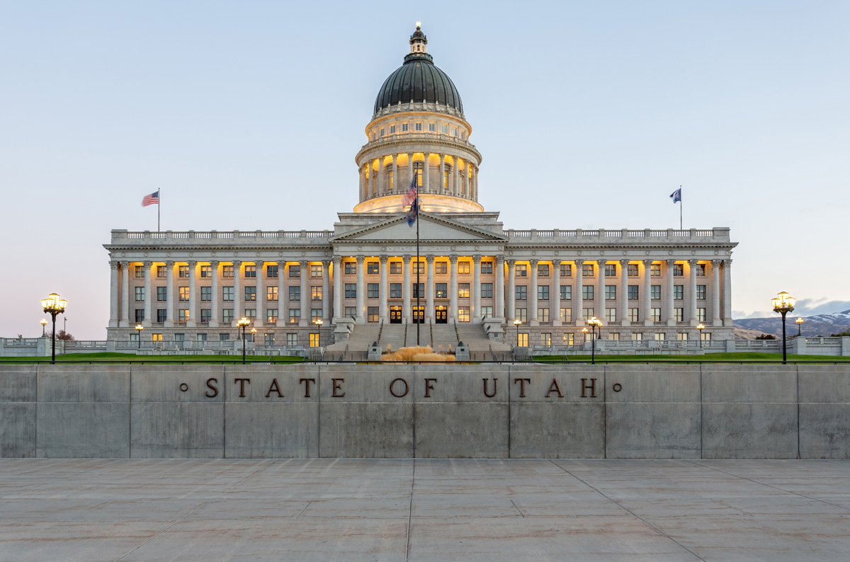 The Utah State Capitol exterior at dusk in Salt Lake City